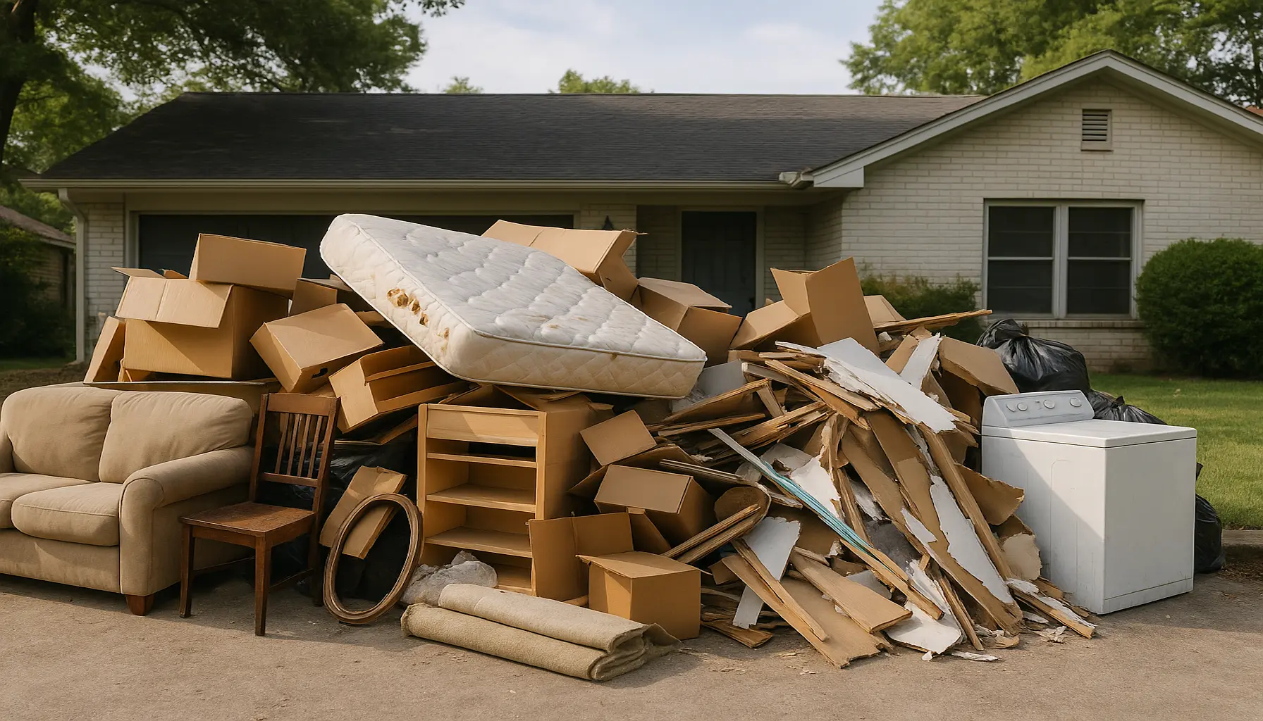 Large pile of junk and debris, including old furniture, boxes, a mattress, and broken wood, stacked outside a suburban home driveway ready for junk removal.