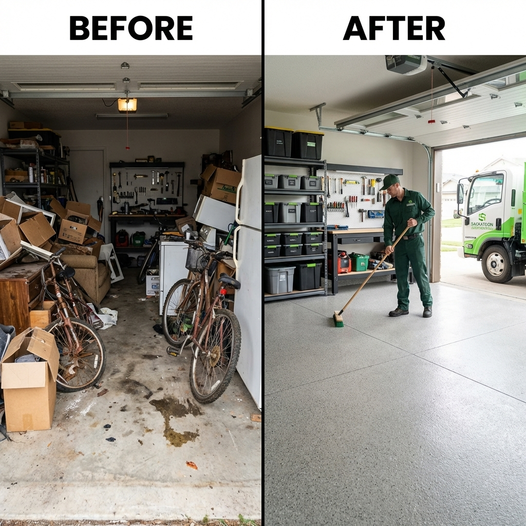 Before and after garage cleanup in Saskatoon.