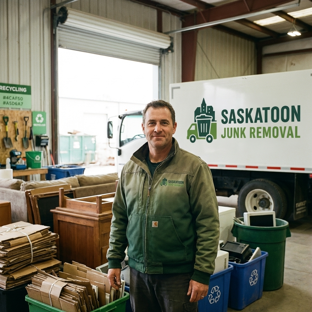 Business owner John standing inside the Saskatoon Junk Removal shop with a white company truck in the background.