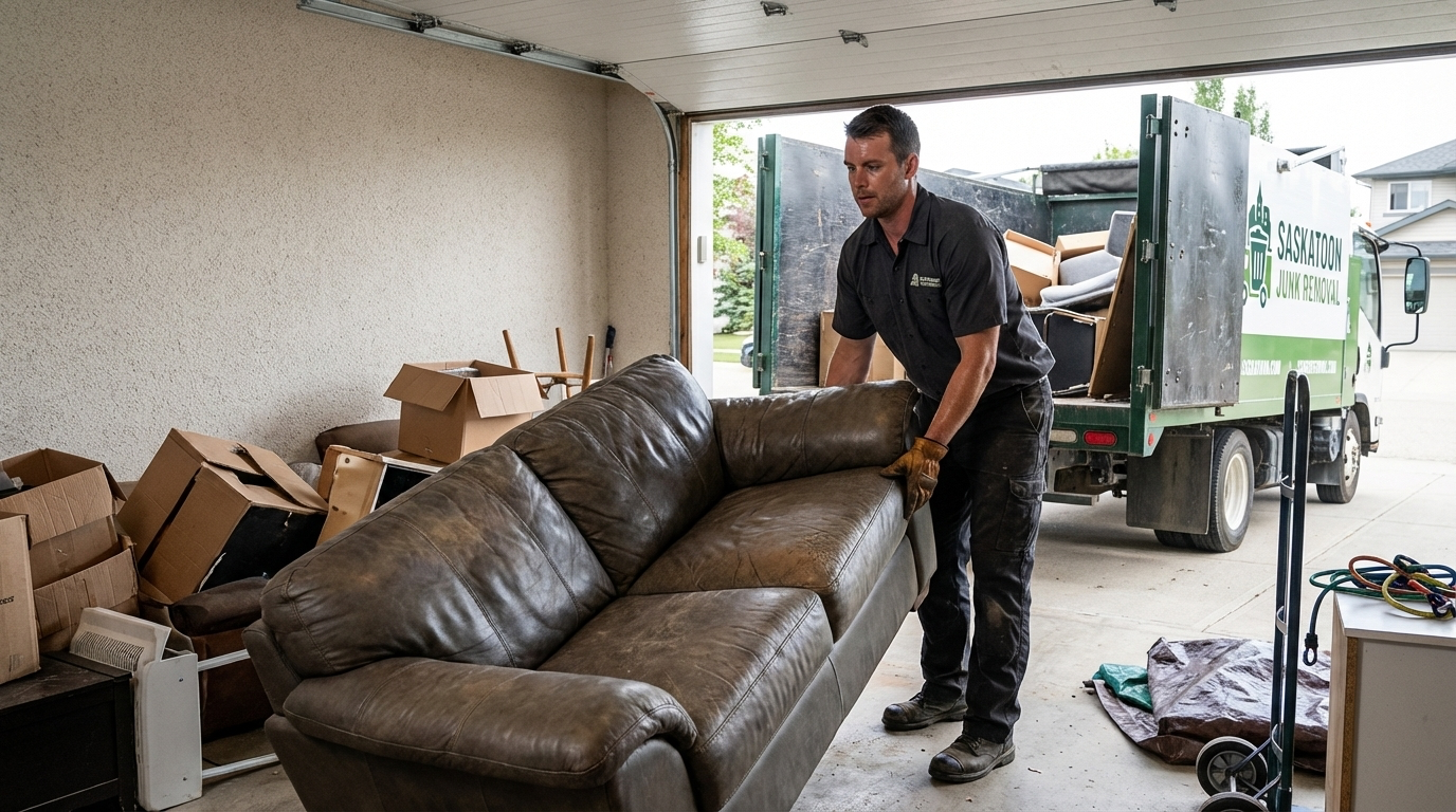 Saskatoon Junk Removal worker lifting a dark couch inside a garage in Saskatoon.